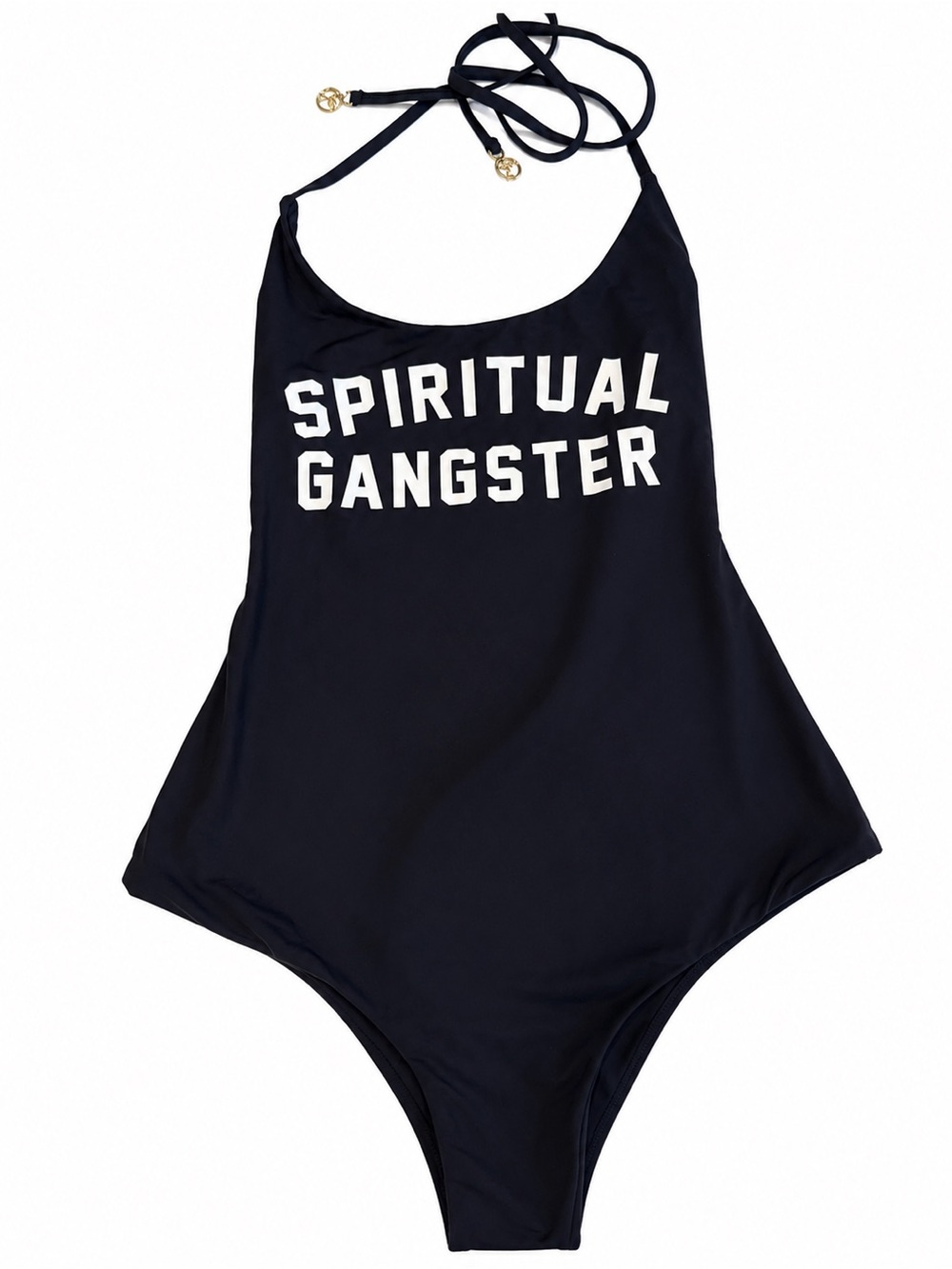 Spiritual Gangster Black Halter One-Piece Swimsuit with White Logo
